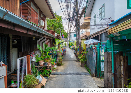 Narrow city street at Bangkok city, Thailand. Small street with houses and green plants around. 135410988