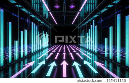 Crystal Corridor of Prosperity Flow - A transparent glass tunnel suspended in infinite blackness, pastel teal and violet beams illuminate 135411130