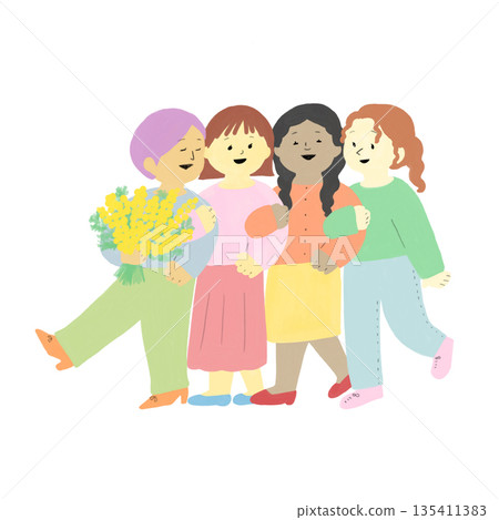插圖描繪了來自世界各地的女性手挽手行走。 135411383