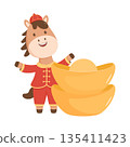 Cute horse cartoon dressed in traditional red and gold clothing, standing beside large gold ingot 135411423