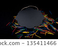 Black speech bubble shaped notice board on colorful sticks 135411466