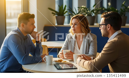 Colleagues sharing a thoughtful coffee break while empathetically listening and supporting each other's concerns in a modern office setting Colleagues sharing a thoughtful coffee break while empathetically listening and supporting each other's concerns in a modern office setting 135411499