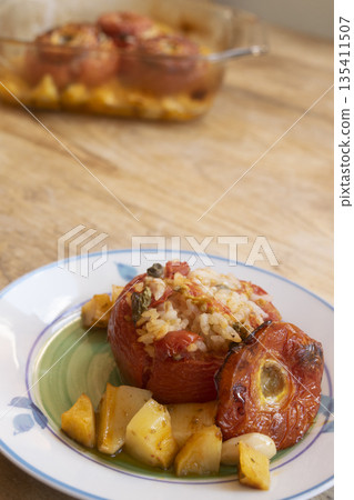 stuffed baked tomatoes with rice and vegetables mediterranean food stuffed baked tomatoes with rice and vegetables mediterranean food 135411507