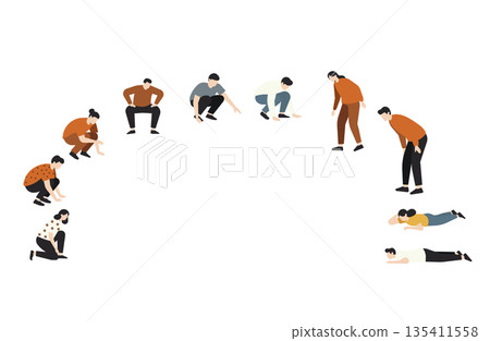 Variation poses of men and women squatting, peeking, and searching Variation poses of men and women squatting, peeking, and searching 135411558