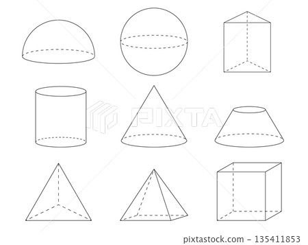一組各種形狀的向量插圖。透明的 3D 形狀,適用於數學體積測驗題。 一組各種形狀的向量插圖。透明的 3D 形狀,適用於數學體積測驗題。 135411853