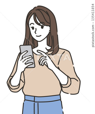 Illustration of a young woman using a smartphone Illustration of a young woman using a smartphone 135411854