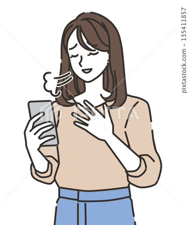 A young woman who feels relieved when looking at her smartphone 135411857