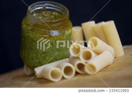 pasta and homemade pesto 135411903