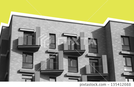 Black and white architectural facade with brick walls, balconies, and vertical details, contrasted Black and white architectural facade with brick walls, balconies, and vertical details, contrasted 135412088