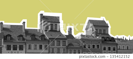Historic buildings of Warsaw Old Town, Poland, captured in a black-and-white style with a yellow 135412152