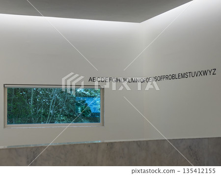 Interior wall with alphabet inscription forming conceptual text, minimal white space with marble and Interior wall with alphabet inscription forming conceptual text, minimal white space with marble and 135412155