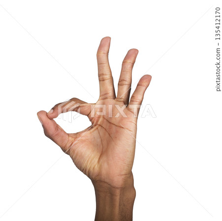 Ok hand gesture, raised sign of correct communication and positive symbol. African male showing arm Ok hand gesture, raised sign of correct communication and positive symbol. African male showing arm 135412170