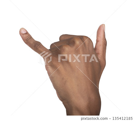 Shaka hand gesture with thumb and pinky raised, cool surfer sign and summer communication symbol. Shaka hand gesture with thumb and pinky raised, cool surfer sign and summer communication symbol. 135412185