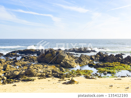 Sunny coastal landscape with large rocks and ocean waves crashing against the shore, sandy beach in Sunny coastal landscape with large rocks and ocean waves crashing against the shore, sandy beach in 135412193