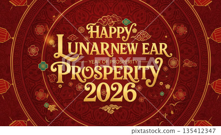 Happy Lunar New Year 2026 Prosperity Poster with Red and Gold Ornamental Frame 135412347