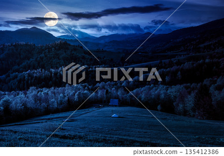 mountain rural area in springtime at night. agricultural field on hills with forest in full moon light. beautiful countryside landscape with dark sky. background for fake news or conspiracy concepts mountain rural area in springtime at night. agricultural field on hills with forest in full moon light. beautiful countryside landscape with dark sky. background for fake news or conspiracy concepts 135412386