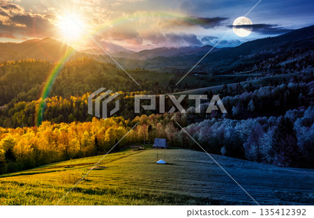 mountain rural area in springtime. day and night time change concept. agricultural fields on hills with forest with sun and moon. beautiful countryside landscape. harmony and progress calendar mountain rural area in springtime. day and night time change concept. agricultural fields on hills with forest with sun and moon. beautiful countryside landscape. harmony and progress calendar 135412392
