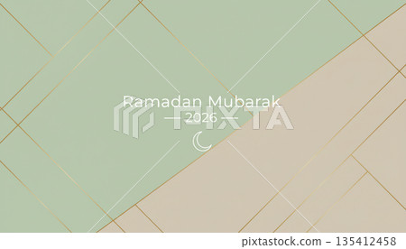 Ramadan Mubarak 2026 Islamic Geometric Greeting Card in Green and Beige 135412458