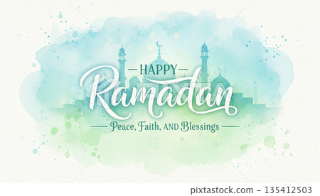 Happy Ramadan Watercolor Islamic Greeting Design 135412503
