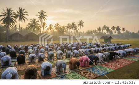 Large Muslim Congregation Performing Eid Prayer at Sunrise 135412532