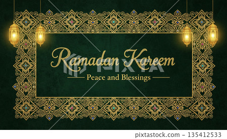 Ramadan Kareem Luxury Green Islamic Greeting Background 135412533