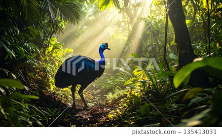 Cassowary Standing in Lush Rainforest Cassowary Standing in Lush Rainforest 135413031