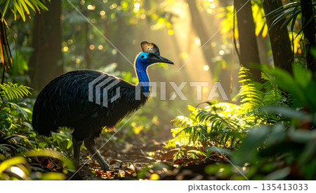 Cassowary Standing in Lush Rainforest Cassowary Standing in Lush Rainforest 135413033