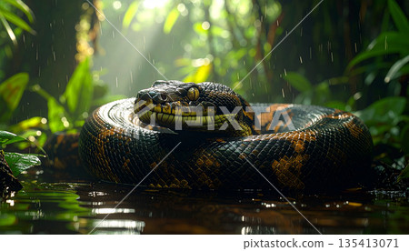 Giant Python Coiled in Tropical Rainforest 135413071