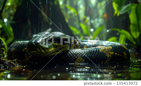 Giant Python Coiled in Tropical Rainforest Giant Python Coiled in Tropical Rainforest 135413072