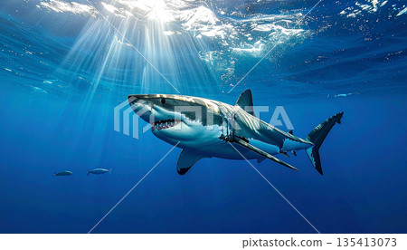 Great White Shark Swimming Underwater Great White Shark Swimming Underwater 135413073