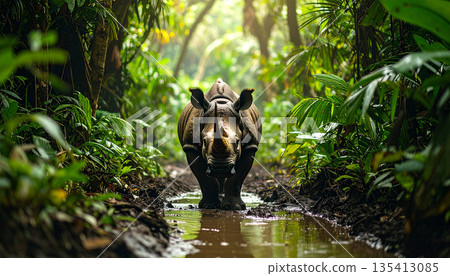 Wild Rhinoceros Walking Through Tropical Forest 135413085