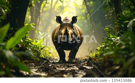 Wild Rhinoceros Walking Through Tropical Forest 135413086