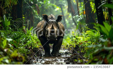 Wild Rhinoceros Walking Through Tropical Forest 135413087
