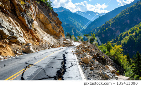 Mountain Road Damaged by Landslide 135413090