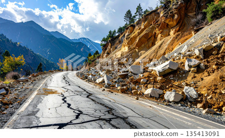 Mountain Road Damaged by Landslide 135413091