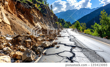 Mountain Road Damaged by Landslide 135413093