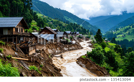 Muddy Floodwater in Rural Village 135413094