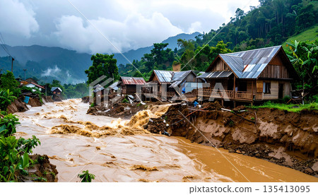 Muddy Floodwater in Rural Village Muddy Floodwater in Rural Village 135413095