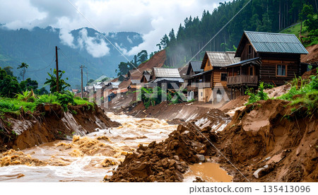 Muddy Floodwater in Rural Village Muddy Floodwater in Rural Village 135413096