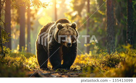 Brown Bear Standing in Autumn Forest 135413099