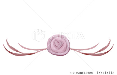Watercolor wax seal with heart and flowing ribbons, hand painted in soft blush tones, isolated on white background. Elegant vintage design element for branding, packaging, fashion and luxury projects 135413118
