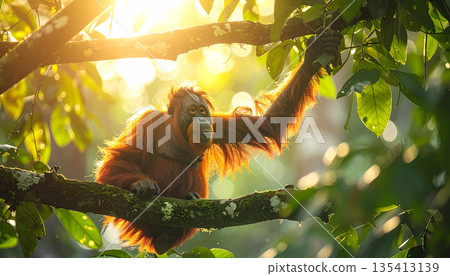 Orangutan Swinging in Rainforest Orangutan Swinging in Rainforest 135413139