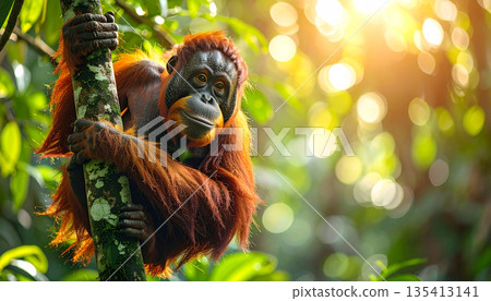 Orangutan Swinging in Rainforest 135413141