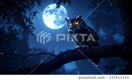 Owl on Tree Branch at Night Owl on Tree Branch at Night 135413143