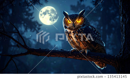 Owl on Tree Branch at Night 135413145