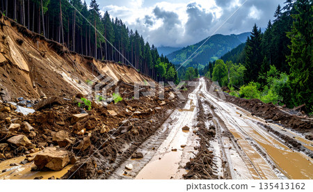 Landslide Damaging Mountain Road Landslide Damaging Mountain Road 135413162