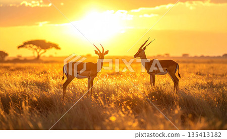 Antelopes at Sunrise on Savanna 135413182