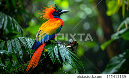 Colorful Tropical Bird in Rainforest Branch Colorful Tropical Bird in Rainforest Branch 135413189
