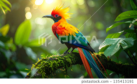 Colorful Tropical Bird in Rainforest Branch 135413191