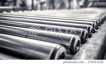 Stainless steel conveyor rollers in industrial production line, manufacturing equipment 135413293